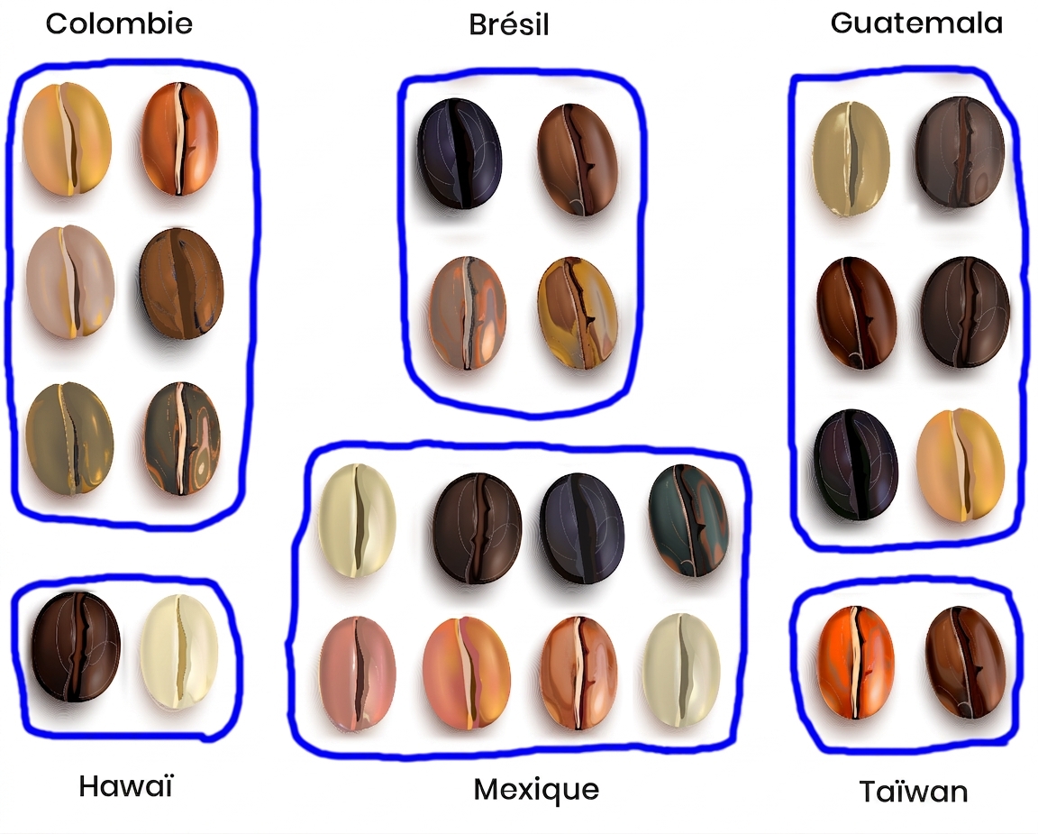 Grains de café regroupés par pays d'origine.