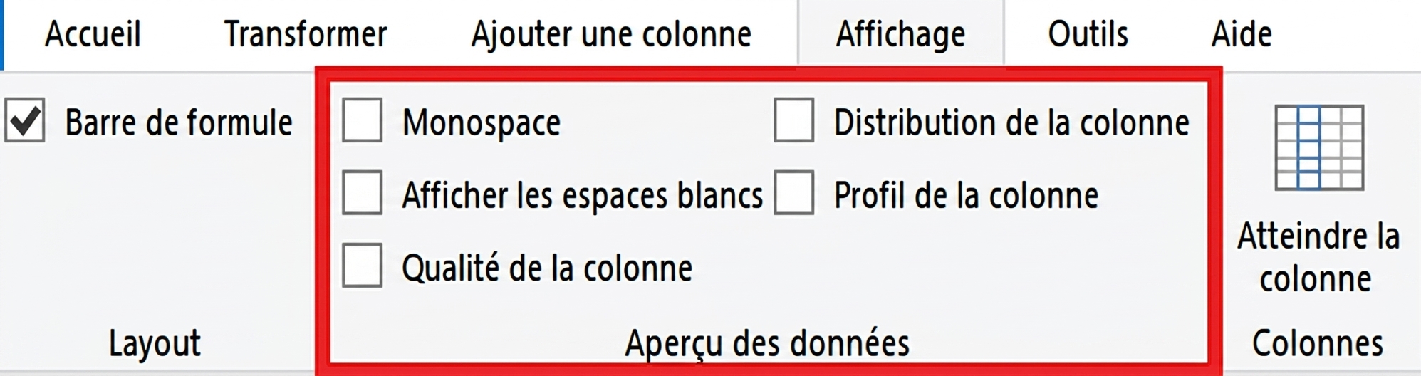 Capture d'écran de Power Query avec l'onglet Affichage sélectionné et les fonctions d'aperçu des données en surbrillance