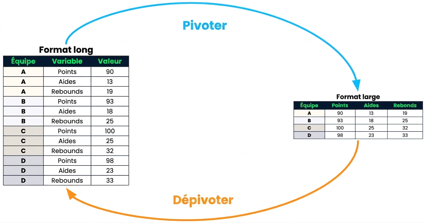 Deux ensembles de données, l'un avec une structure longue et l'autre avec une structure large. L'ensemble long est relié à l'ensemble large par une flèche « pivot », et l'ensemble large est relié à l'ensemble long par une flèche « unpivot ».