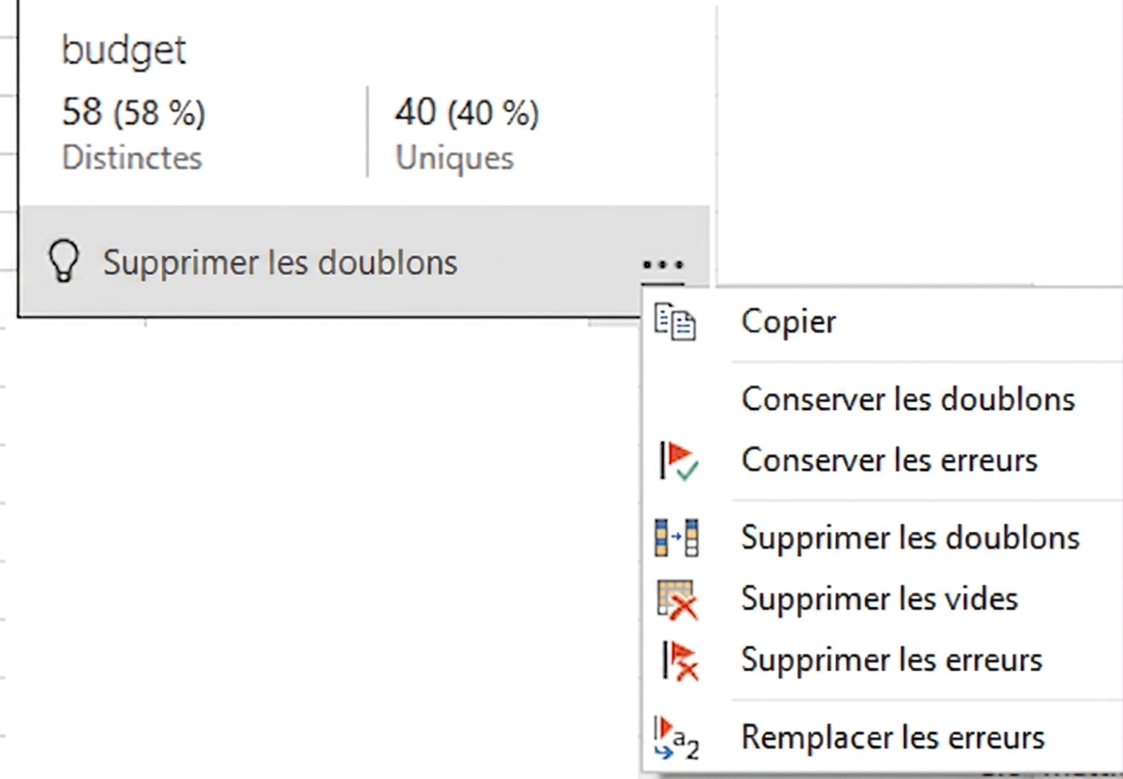 Capture d'écran du menu contextuel qui apparaît après avoir survolé la fonction Qualité des colonnes