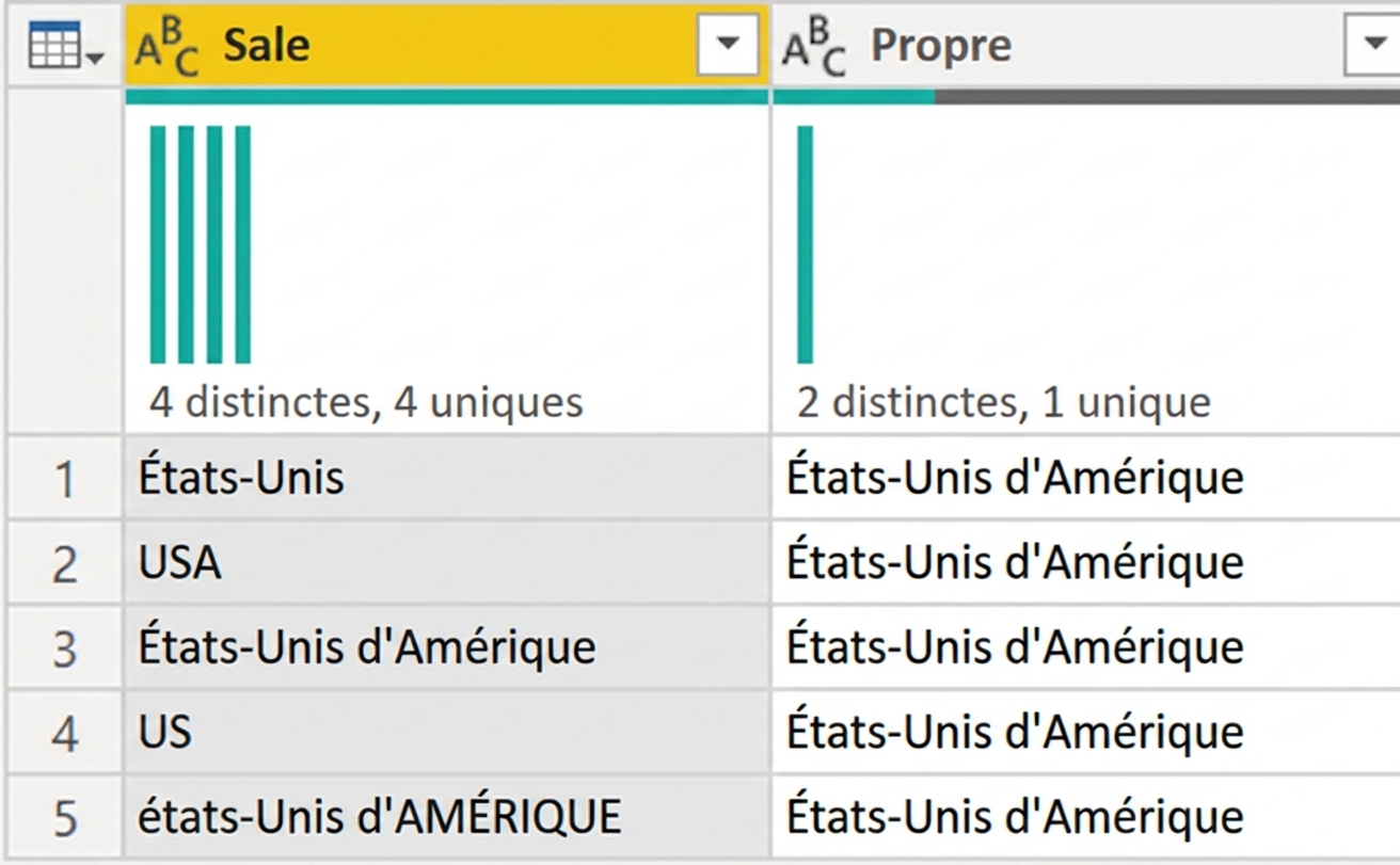 Capture d'écran de Power Query montrant un tableau avec deux colonnes : l'une avec des données brutes et l'autre avec des données nettoyées.