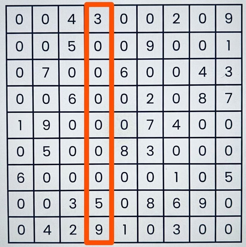 Un sudoku avec la quatrième colonne sélectionnée