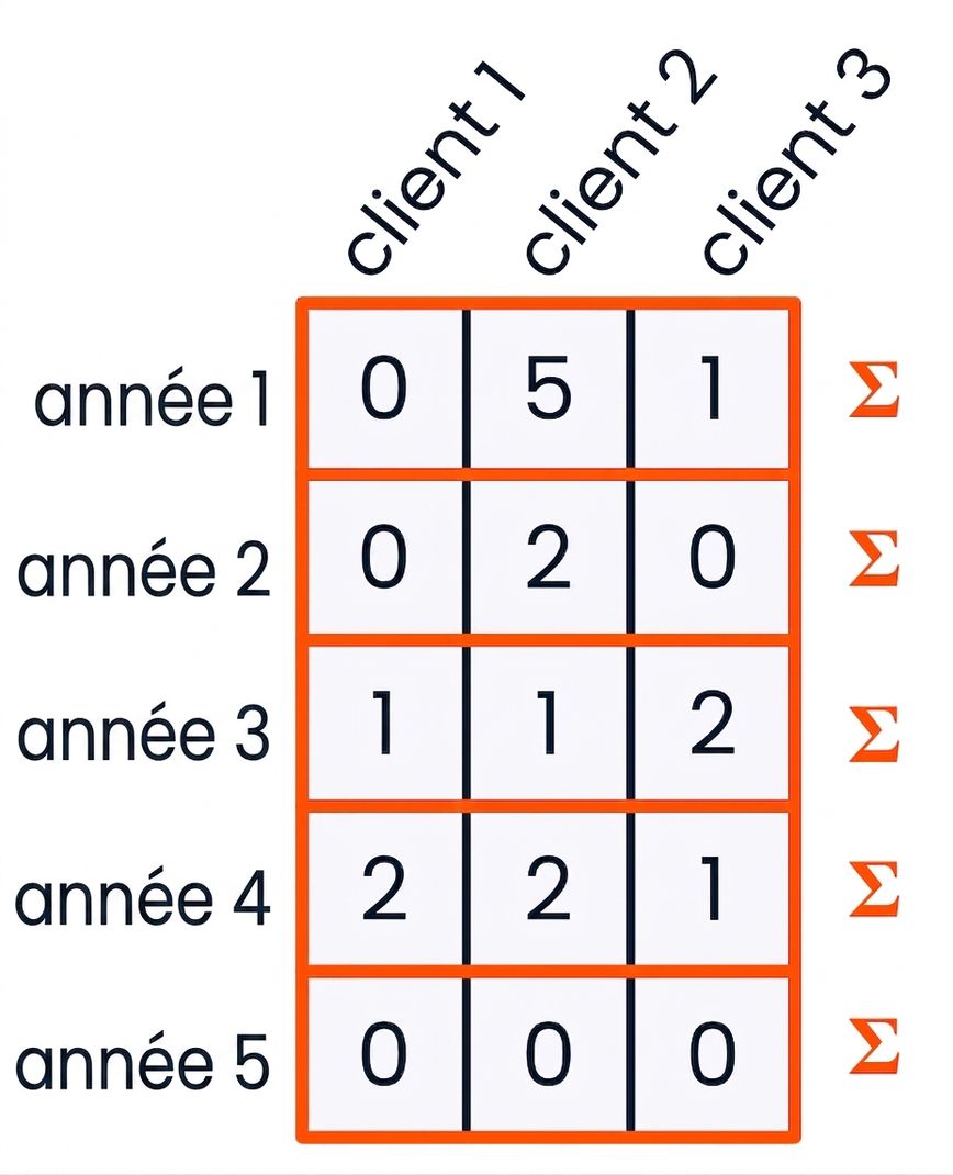 un graphique où chaque rangée est en surbrillance et des symboles de somme à droite indiquent que le tableau est additionné par rangée