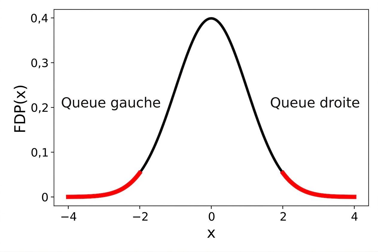 Courbe de densité de la loi normale standard avec les queues gauche et droite en rouge.