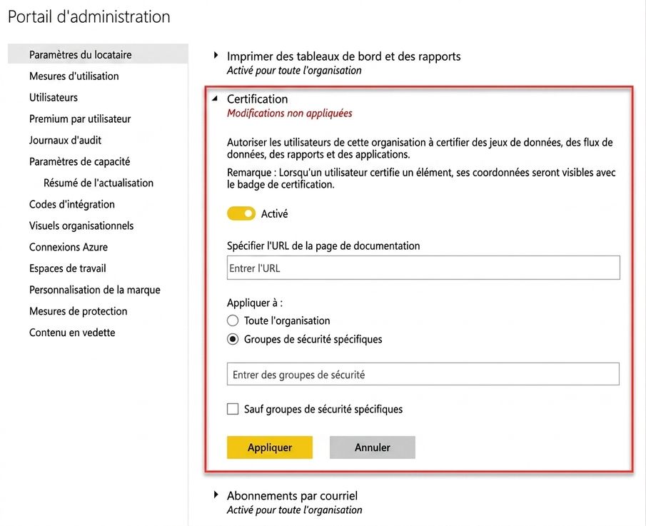 Paramètres de certification