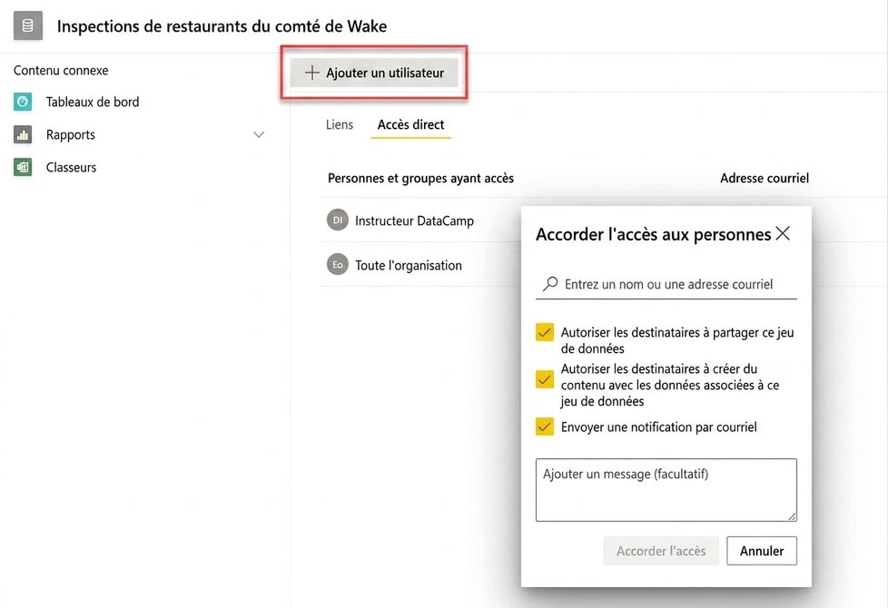 Ajout d'autorisations sur un ensemble de données pour un utilisateur ou un groupe.