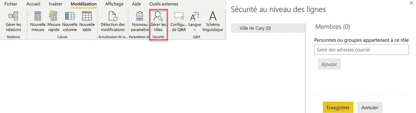 Power BI Desktop permet de définir des rôles pour la sécurité au niveau des lignes, et Power BI Service permet d'assigner des utilisateurs et des groupes aux rôles.