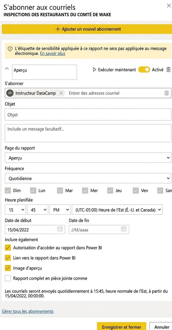 Exemple de création d'un abonnement à un rapport