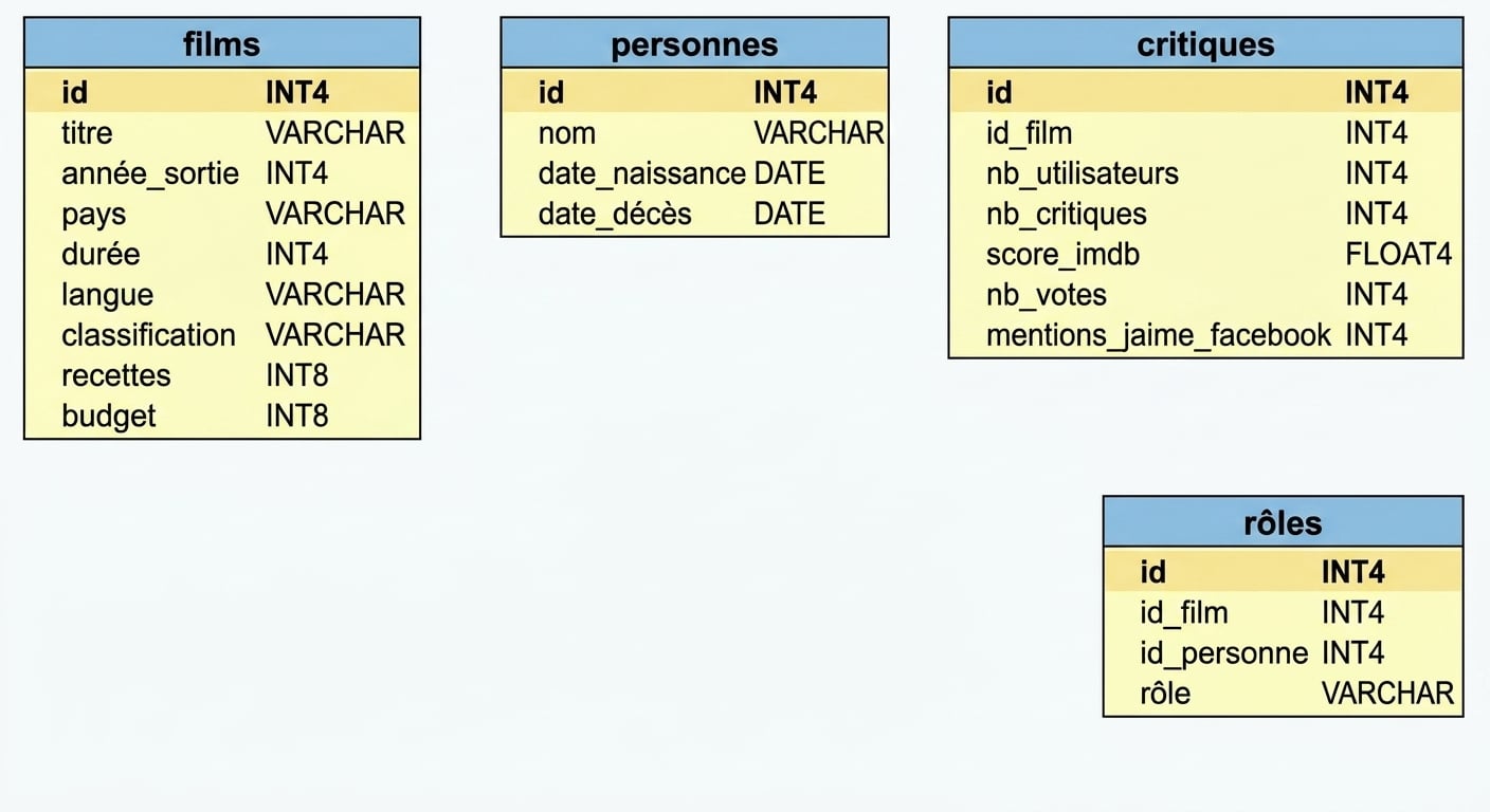 Schéma des quatre tables de la base de données films avec les noms de champs et types de données