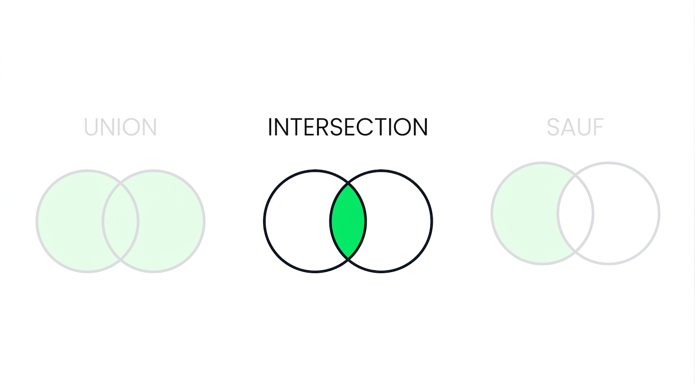 An image that shows three Venn diagrams, with two faded out. Only the diagram with INTERSECT is in focus. The INTERSECT diagram has two overlapping circles, with only the overlapping part colored in green.