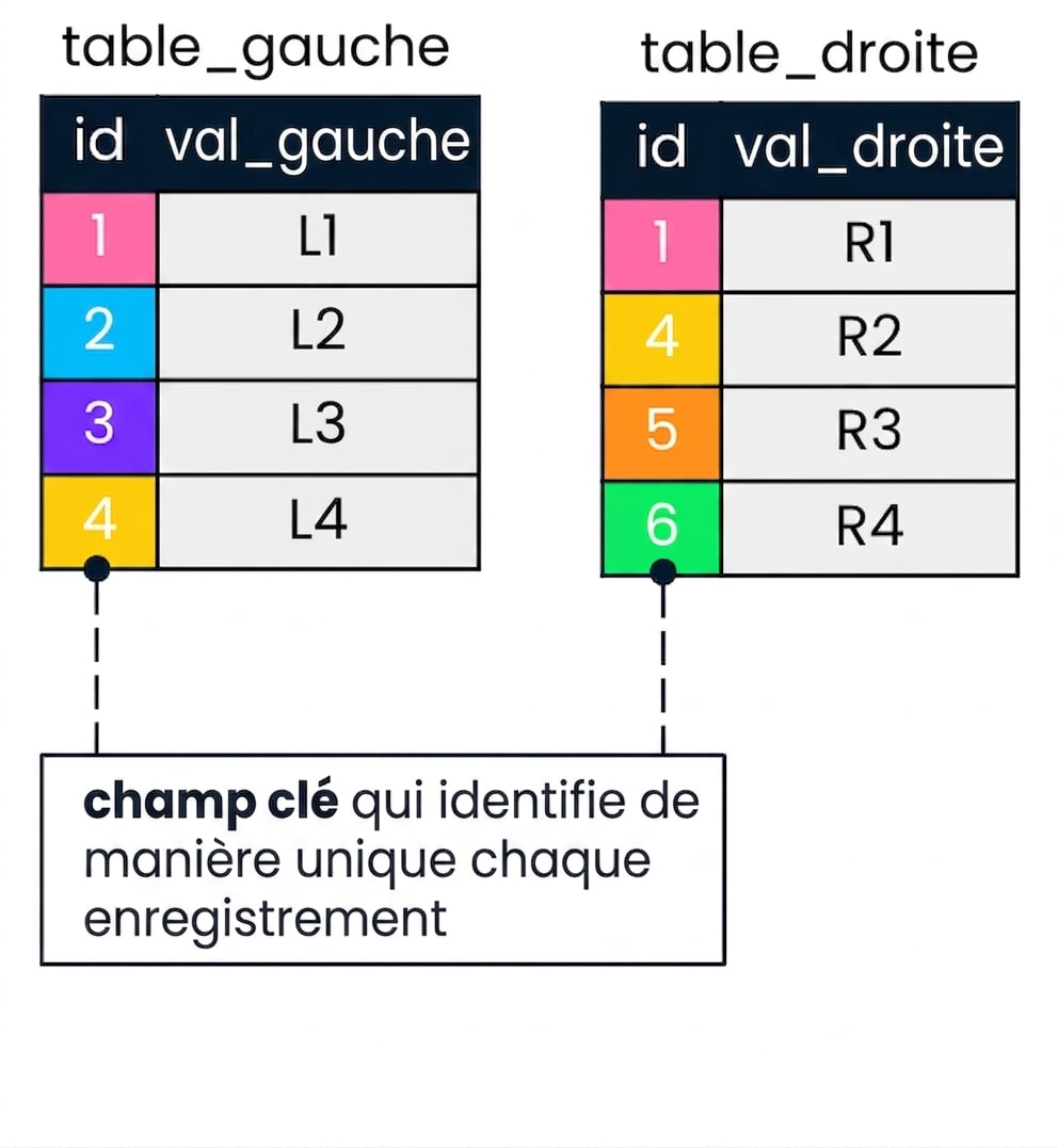 Schéma montrant deux tables : table de gauche et table de droite. Les valeurs id correspondantes dans les deux tables sont affichées avec les mêmes couleurs.