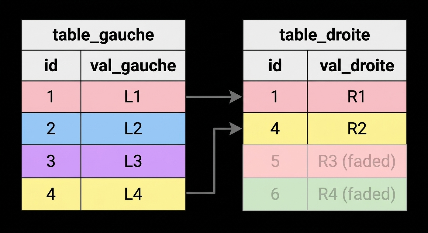 Un diagramme montrant deux tables, table de gauche et table de droite, avec des flèches vers les enregistrements correspondant sur la colonne id dans les deux tables. Les enregistrements non pertinents pour le left join sont grisés.