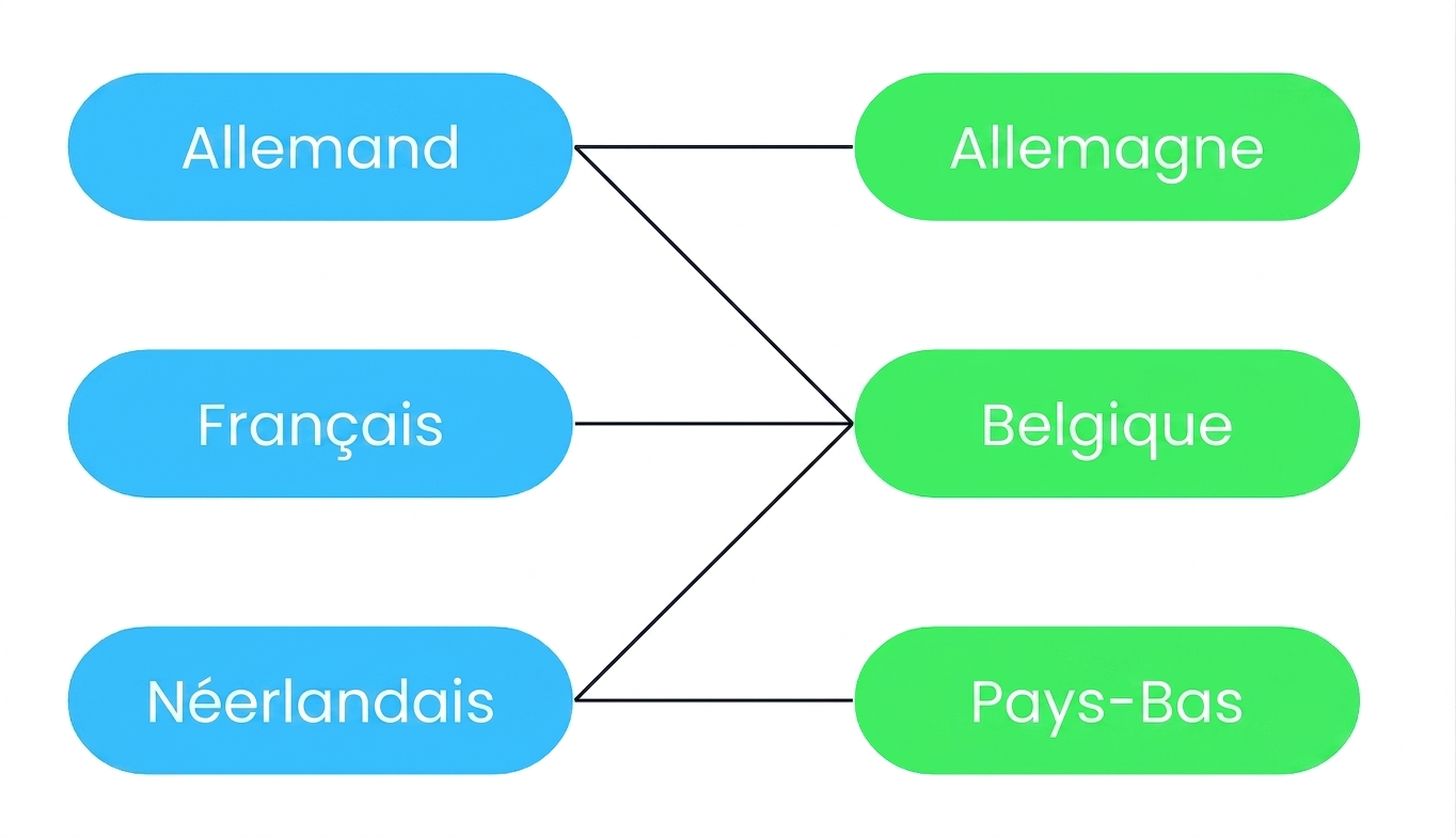 Un schéma montrant que de nombreuses langues peuvent être associées à de nombreux pays, et que de nombreux pays peuvent être associés à une langue. La Belgique a trois langues officielles : le français, l'allemand et le néerlandais. À l'inverse, des langues peuvent être officielles dans plusieurs pays : le néerlandais est langue officielle aux Pays-Bas et en Belgique, mais pas en Allemagne.