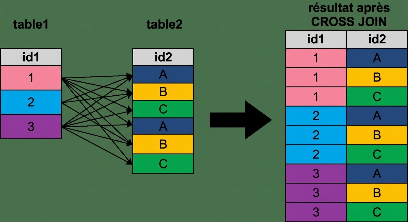 Un diagramme montrant deux tables, table1 et table2, avec des flèches pointant vers les enregistrements qui correspondent sur la colonne id dans les deux tables. Les enregistrements non pertinents pour le cross join sont grisés. Le jeu de résultats après le cross join apparaît à droite du diagramme.