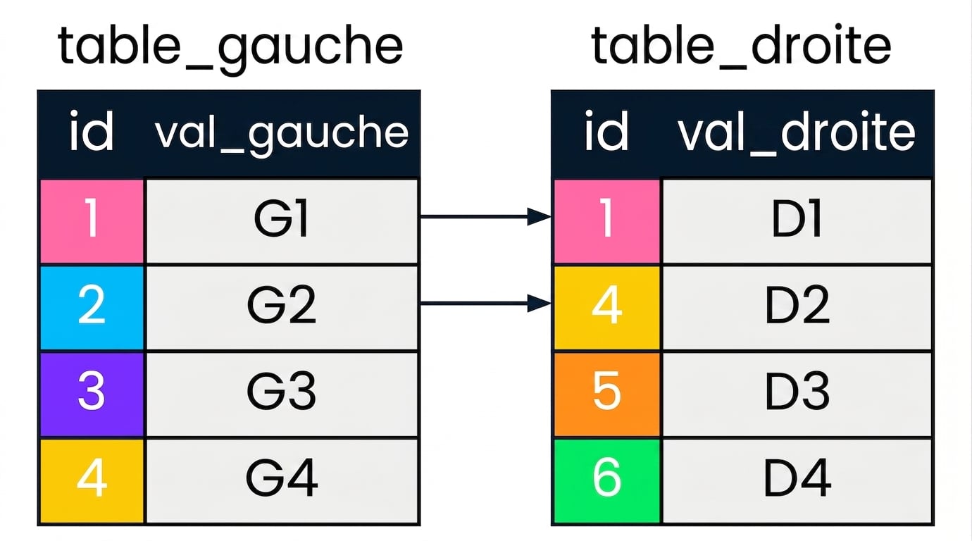 Schéma montrant deux tables : left_table et right_table. Les valeurs id correspondantes dans les deux tables sont affichées avec les mêmes couleurs et reliées par des flèches.