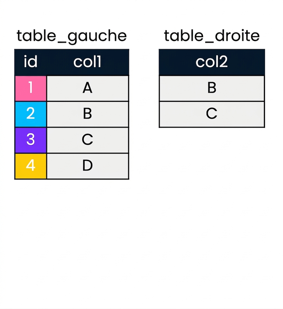 Schéma montrant deux tables, left_table et right_table, servant à illustrer une semi-jointure. left_table contient deux colonnes, id et col1. right_table ne contient qu'une colonne, col2.