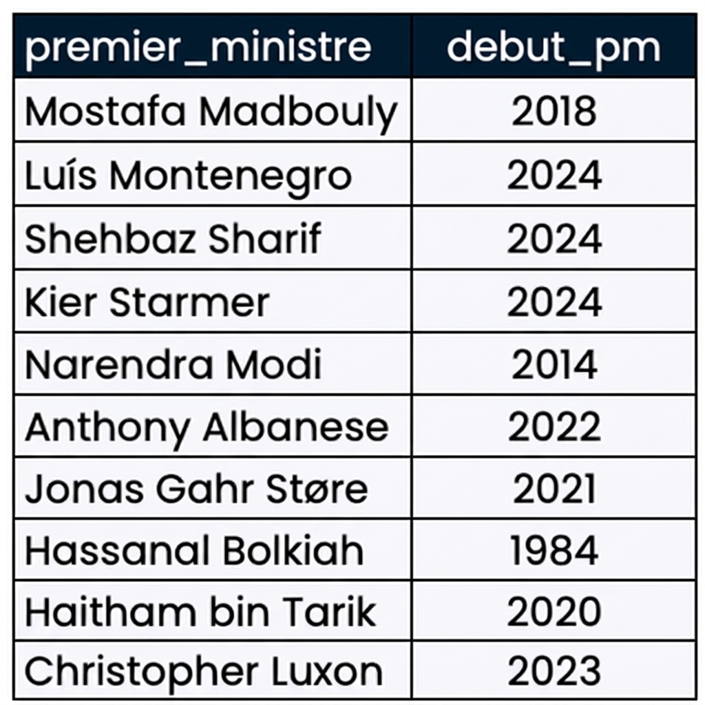 La table prime_minister_terms, avec deux colonnes : le nom du prime_minister et l'année de son entrée en fonction.