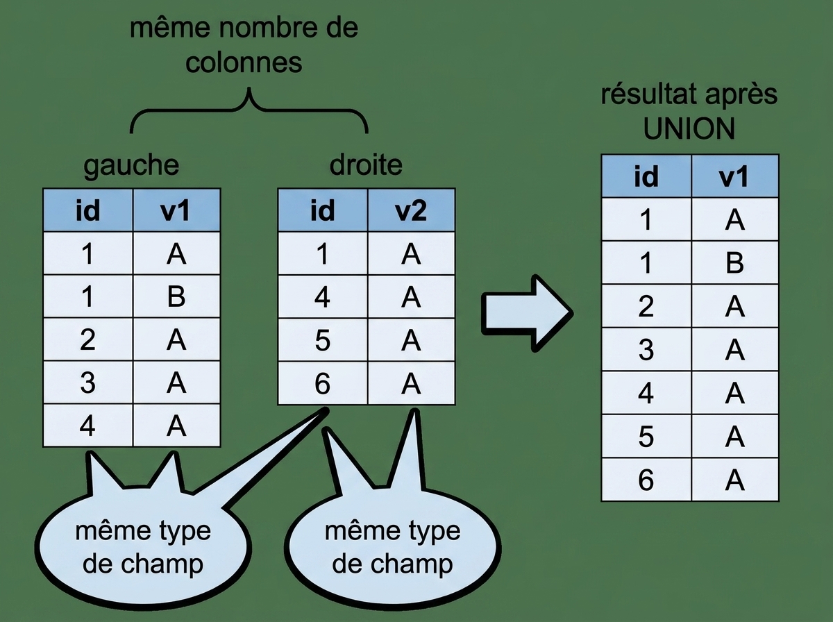 Un diagramme montrant deux tables, à gauche et à droite. À droite, une illustration du résultat d'une opération UNION sur les deux tables. Des flèches indiquent que les tables gauche et droite doivent avoir le même nombre de colonnes et les mêmes types de champs.