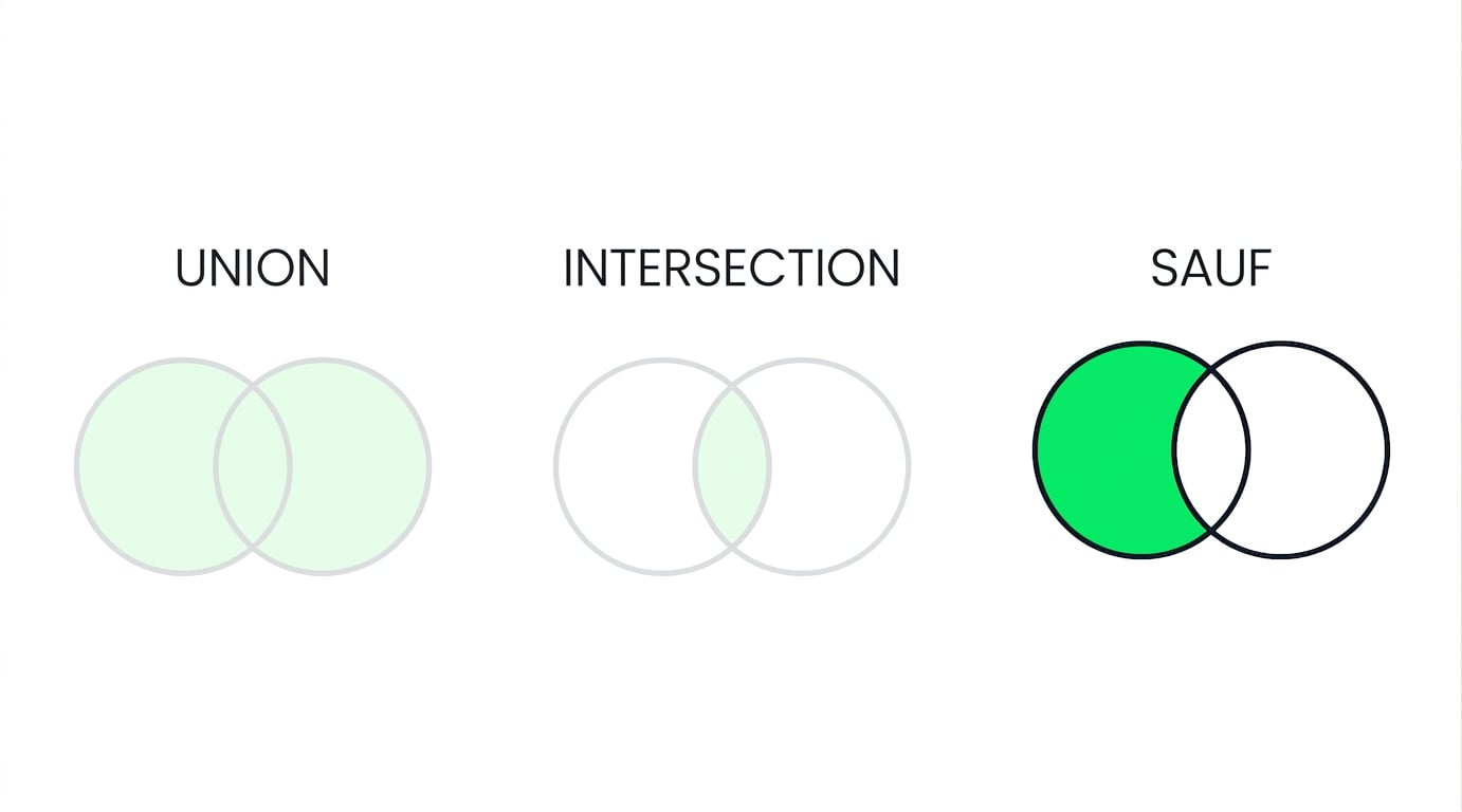Image montrant trois diagrammes de Venn, dont deux estompés. Seul celui de UNION est net. Le diagramme UNION affiche deux cercles qui se chevauchent, entièrement en vert.