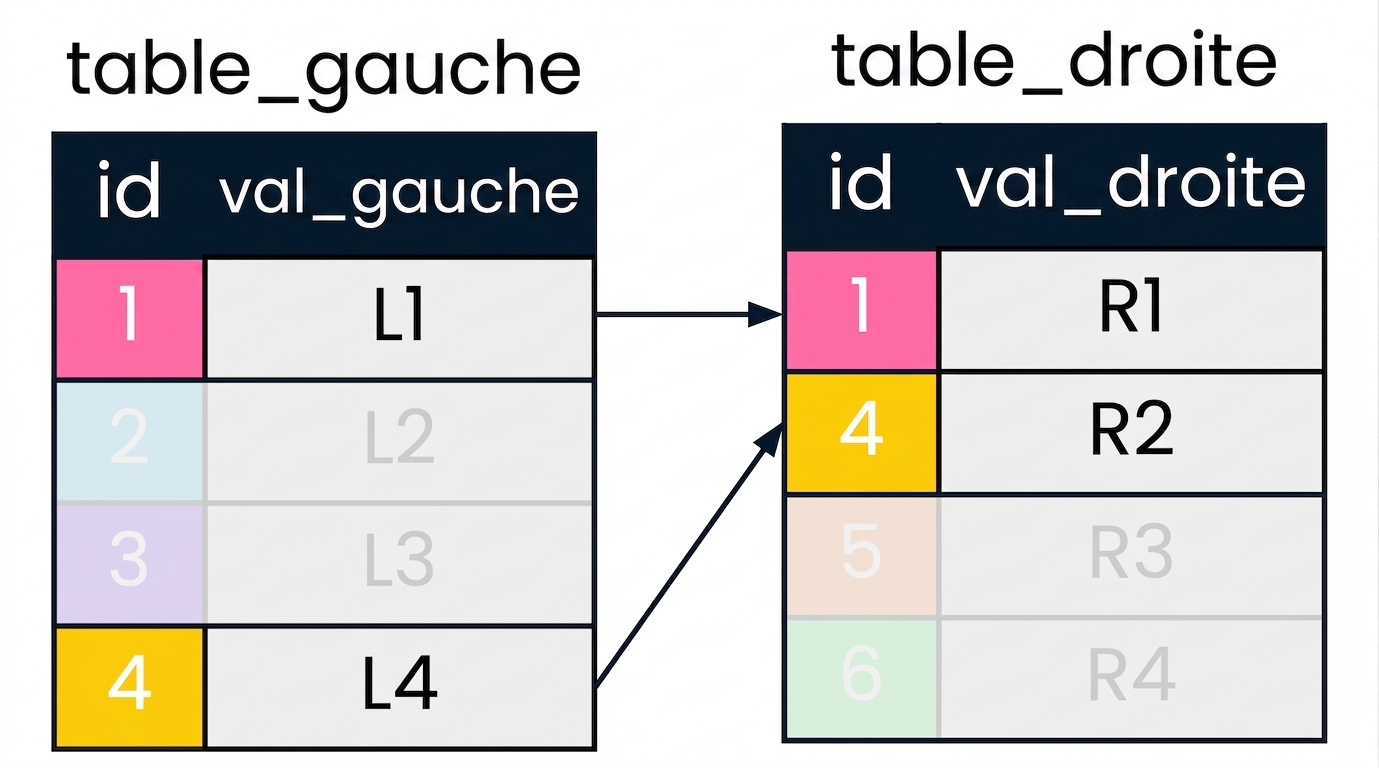 Schéma montrant deux tables : left_table et right_table. Les valeurs id correspondantes dans les deux tables sont affichées avec les mêmes couleurs et reliées par des flèches. Les enregistrements non retenus par INNER JOIN sont estompés.