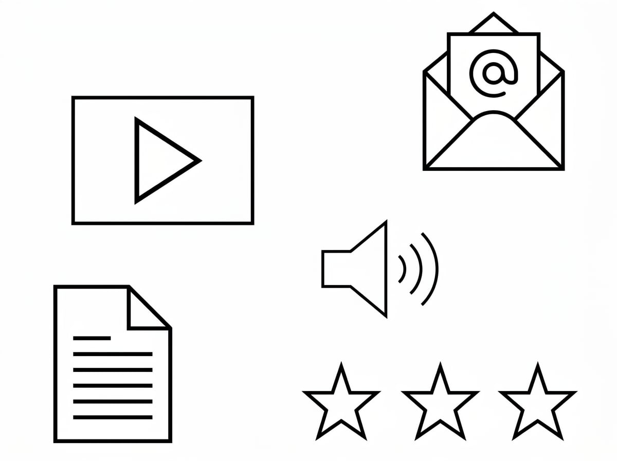 Icônes de vidéo, texte, courriel, son et étoiles