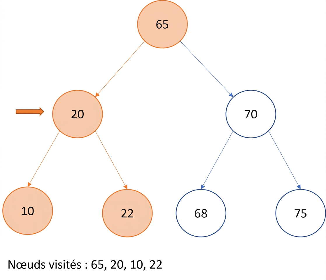Représentation graphique d'un parcours préfixe sur un arbre binaire de recherche.