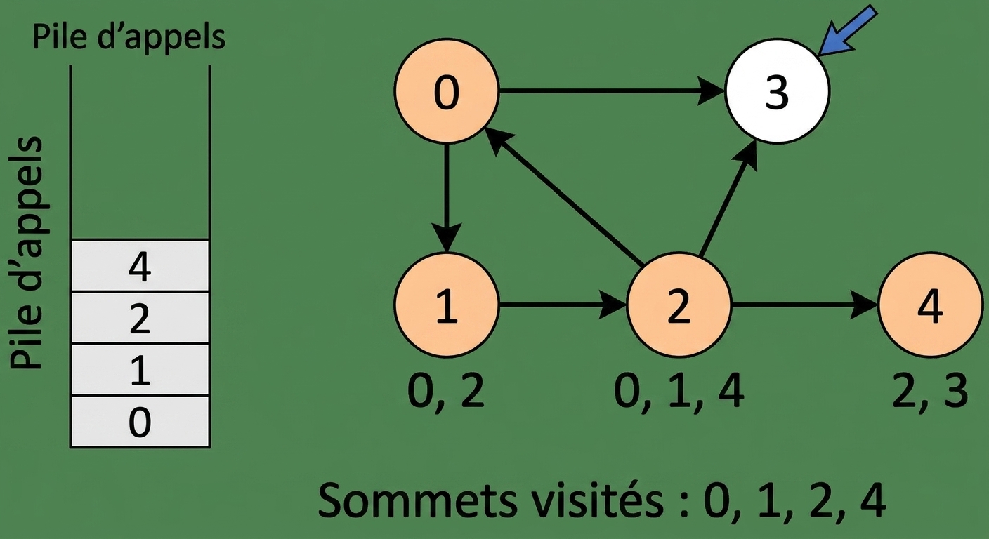 Représentation graphique d'un parcours en profondeur sur un graphe.