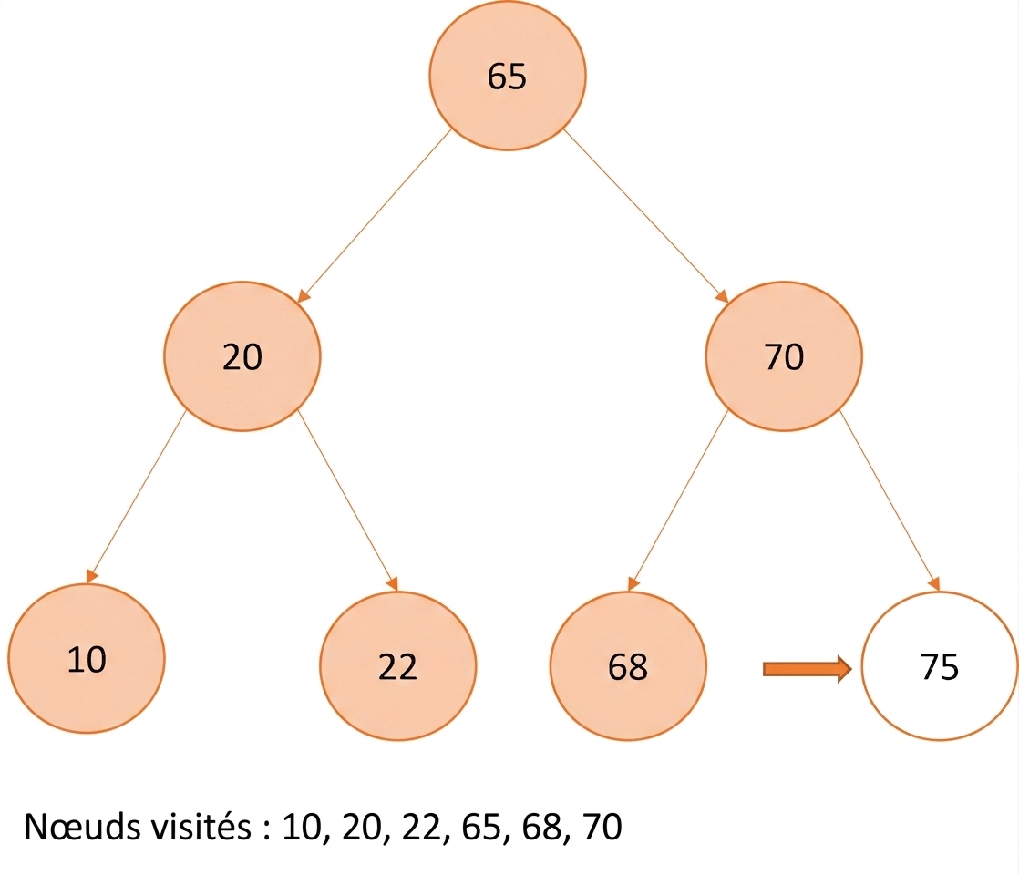 Représentation graphique d'un parcours infixe sur un arbre binaire de recherche.