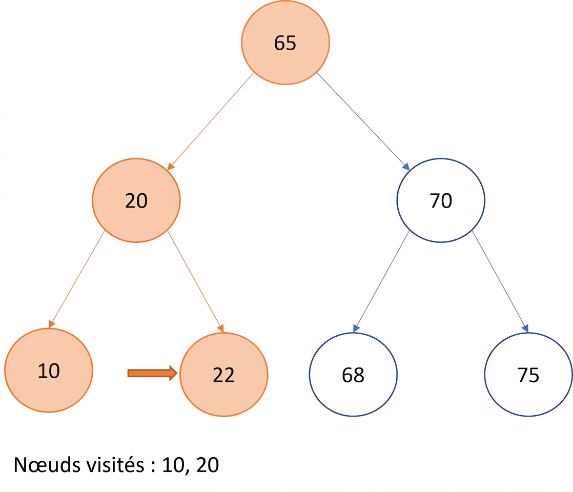 Représentation graphique d'un parcours infixe sur un arbre binaire de recherche.