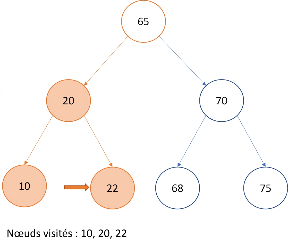 Représentation graphique d'un parcours infixe sur un arbre binaire de recherche.