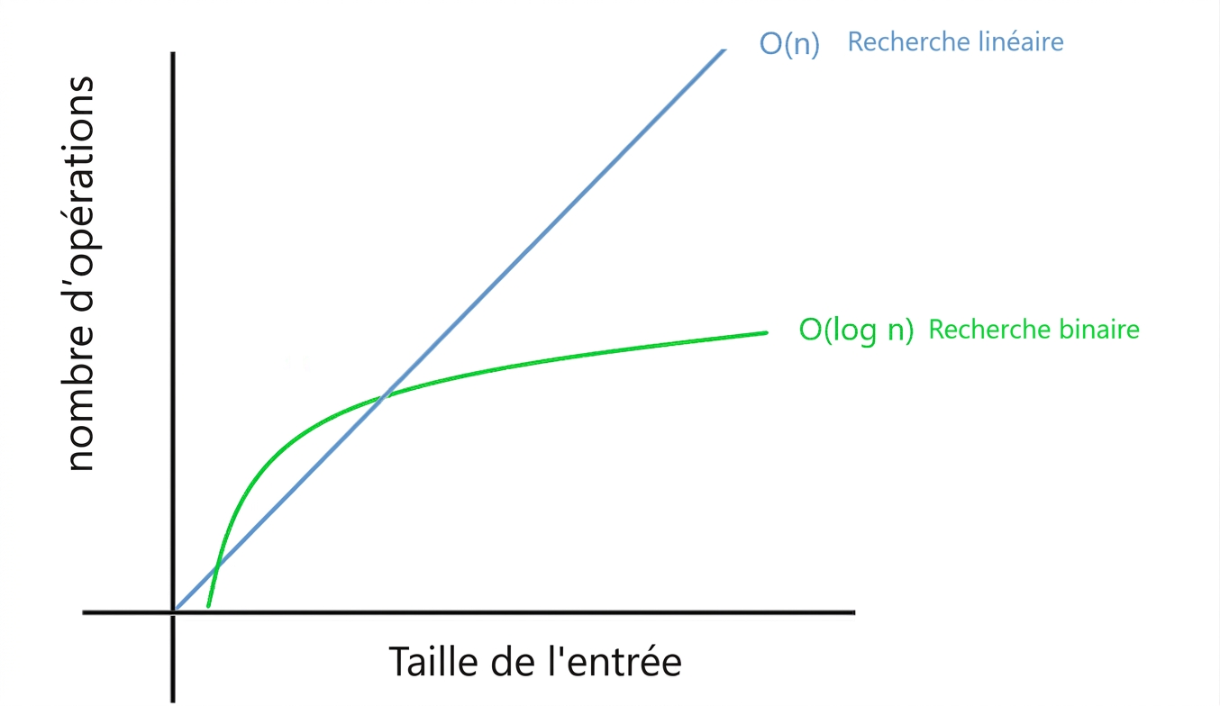 Représentation graphique de la recherche linéaire et de la recherche binaire.