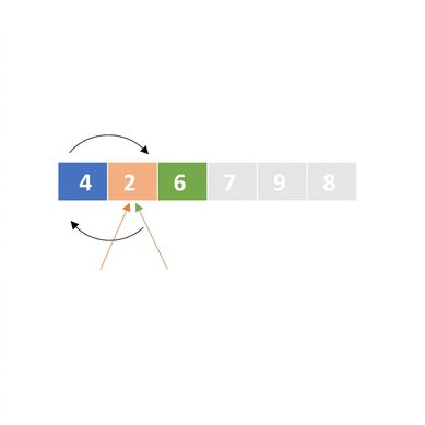 Schéma d'une liste de nombres non triés. Le premier est en bleu, le deuxième en orange, le troisième en vert. Les pointeurs visent le deuxième. Deux flèches indiquent que les premier et deuxième éléments seront échangés.