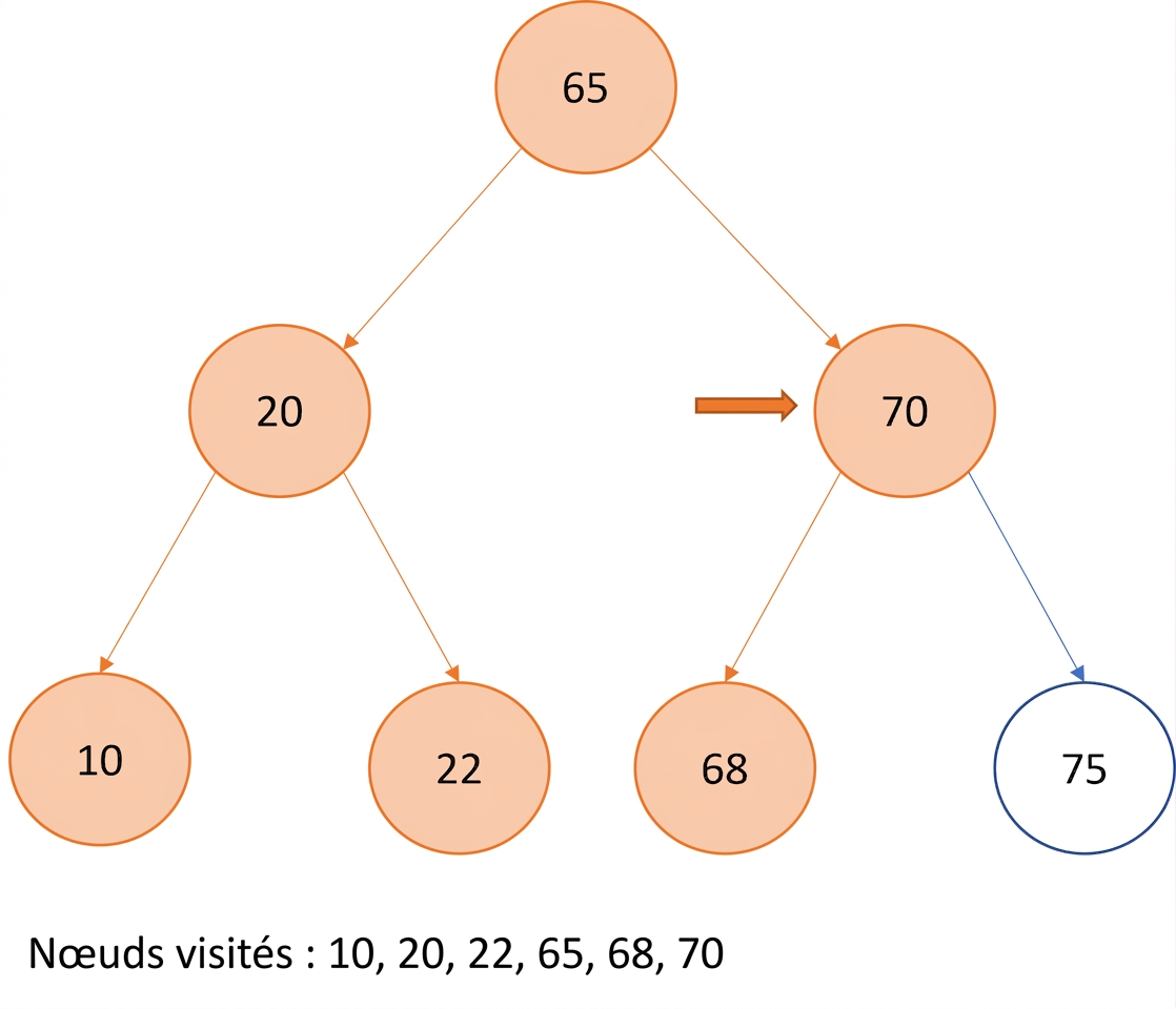 Représentation graphique d'un parcours infixe sur un arbre binaire de recherche.