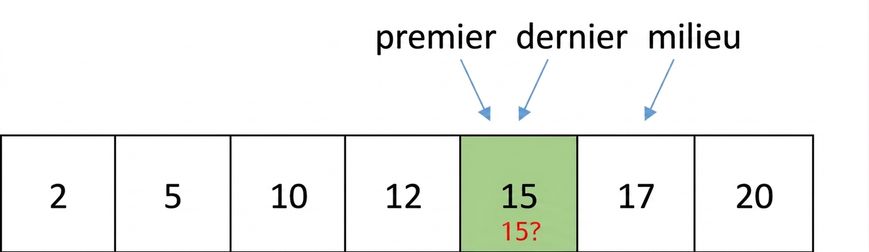 Schéma d'une liste de nombres ordonnés. Les pointeurs « first », « last » et « middle » pointent le même nombre, 15, qui sera comparé au nombre 15.