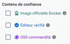 Docker Hub propose trois filtres « Trusted Content » : Docker Official Images, Verified Publisher images et Sponsored OSS images