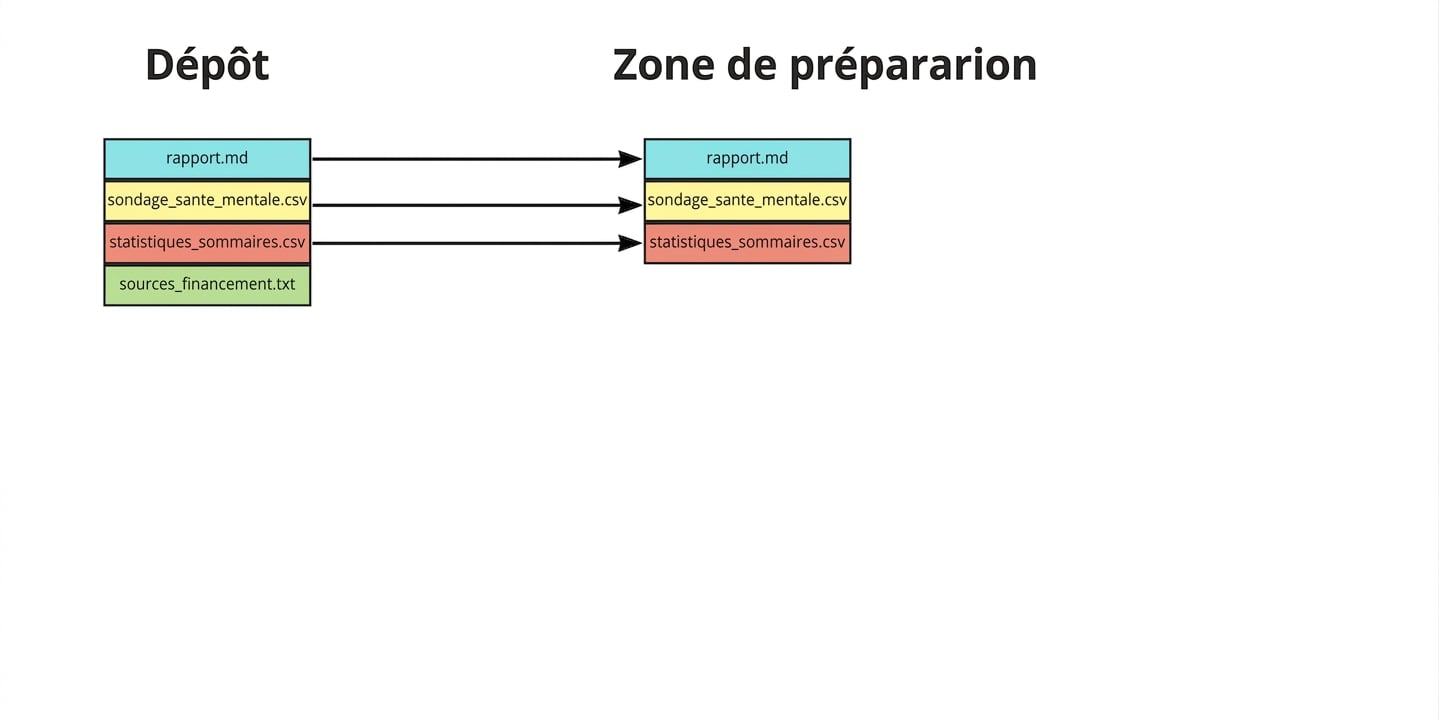 Quatre fichiers dans un dépôt, dont trois sont ajoutés à la zone de préparation : report.md, mental health survey.csv et summary statistics.csv