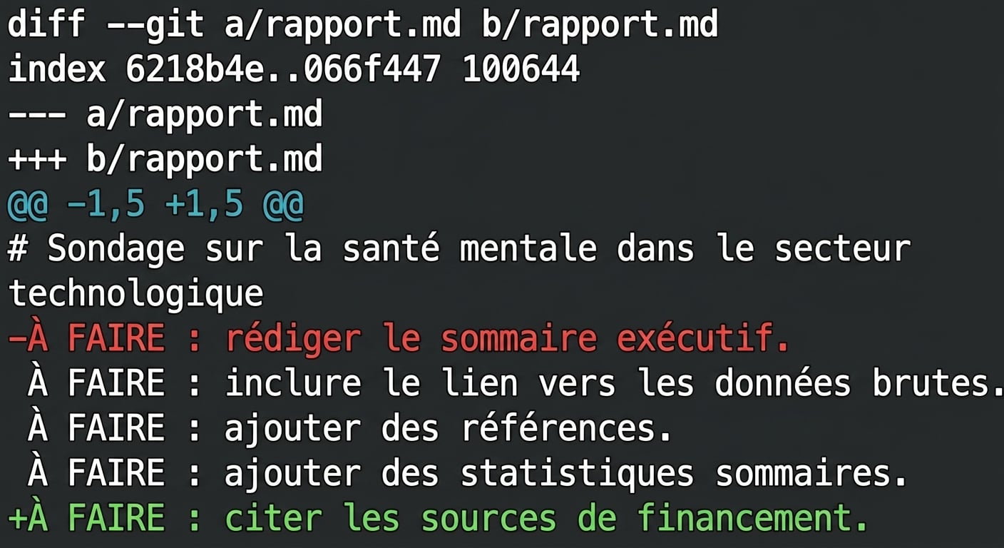 sortie de git diff --staged report.md, correspondant à la sortie précédente de git diff report.md