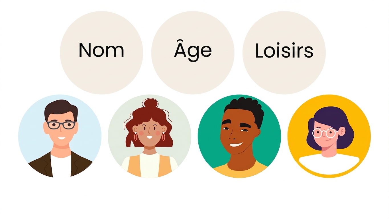 Quatre avatars et trois cercles : nom, âge, loisirs