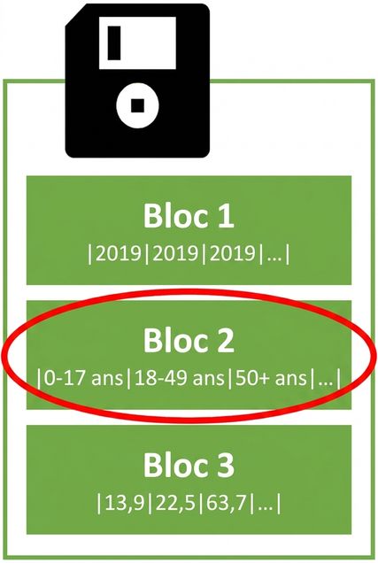 Image symbolique d'un disque dur avec plusieurs blocs où une colonne est stockée dans chaque bloc