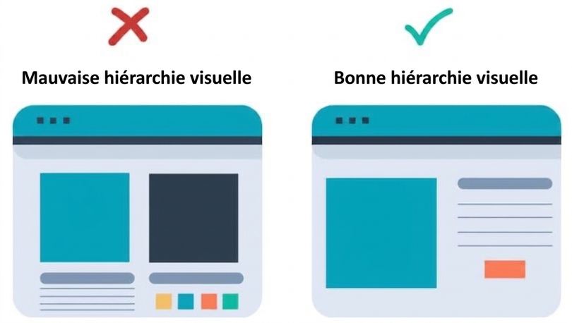 mauvaise hiérarchie visuelle : un site rempli d'éléments sans importance relative ; bonne hiérarchie : teinte, taille et position facilitent la compréhension