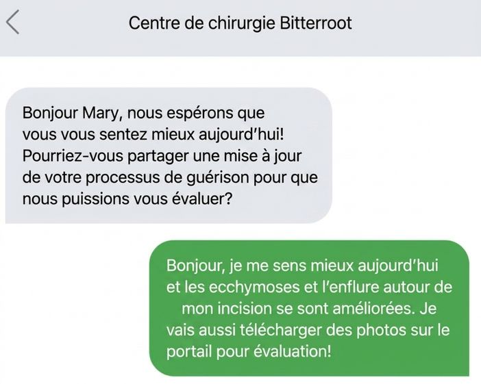 Un graphique montre une conversation texto au téléphone qui transmet l'essentiel clairement