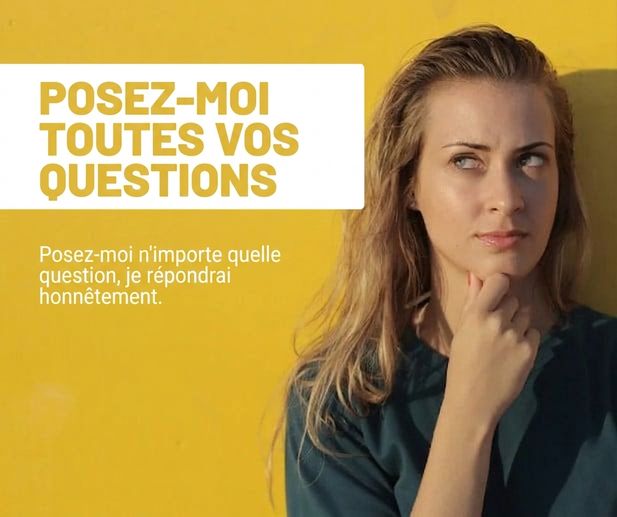 femme qui réfléchit attentivement à côté de la phrase, Ask me Anything