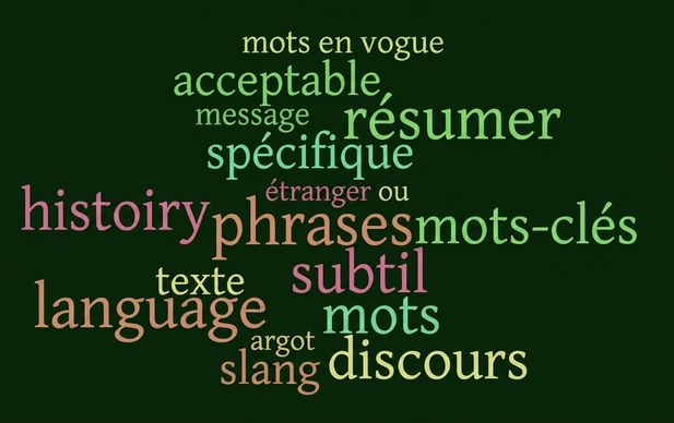 nuage de mots montrant les mots prononcés par le narrateur en diverses couleurs et diapositives