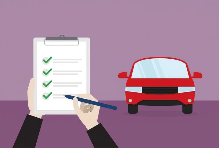Une liste de vérification à côté d'une voiture rouge représentant les dimensions de qualité des données appliquées à une voiture