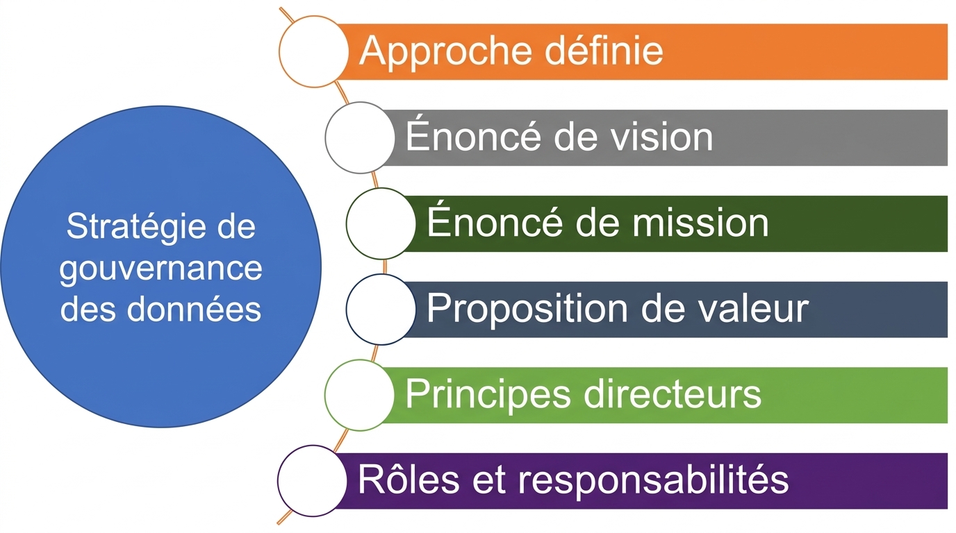 Schéma montrant les six composantes d'une stratégie de gouvernance des données.