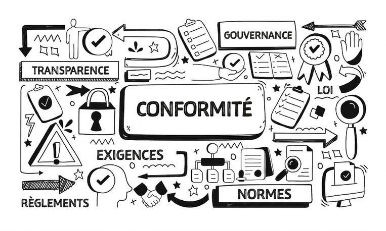 Une image avec le mot « conformité » entouré d'objets et de mots comme gouvernance, exigences et règlements