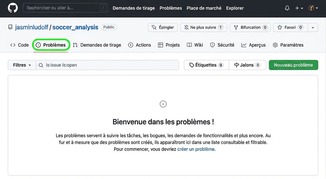 Vue du dépôt d'analyse du soccer avec l'onglet Issues en surbrillance