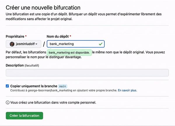 Image animée montrant le changement de nom du dépôt forké, passant de bank marketing à bank marketing jasmin.