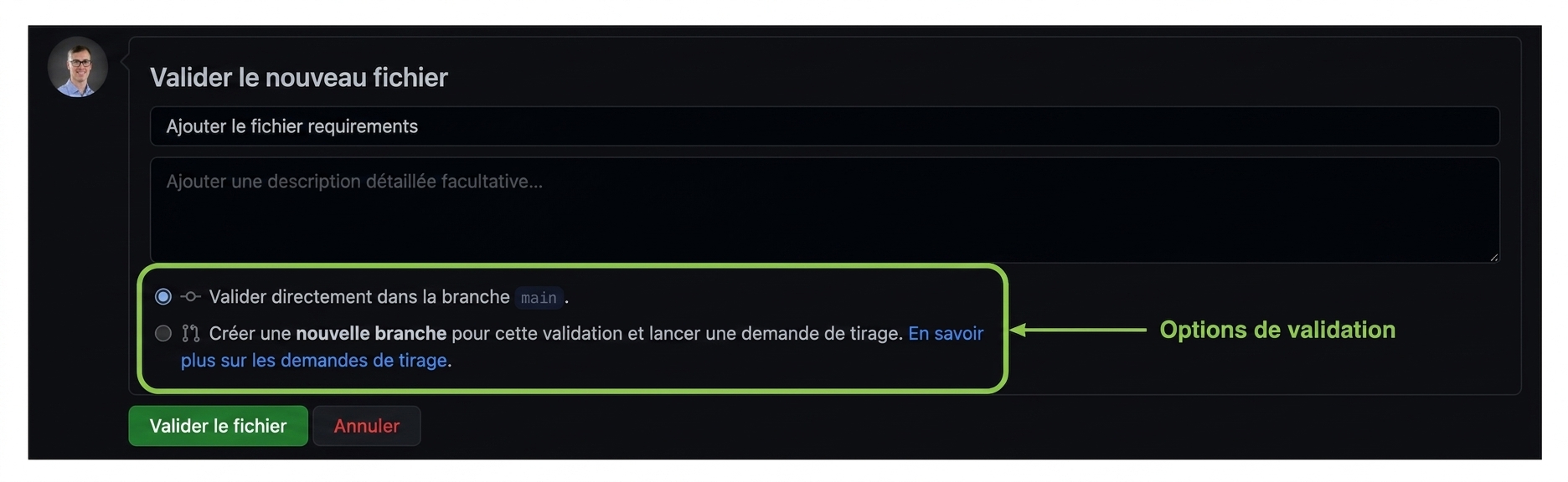 Options pour enregistrer : valider dans la branche actuelle ou créer une nouvelle branche et démarrer une demande de tirage