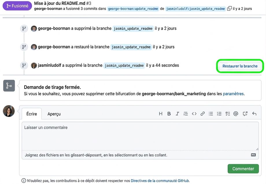 Vue du bouton Restaurer dans une PR fermée